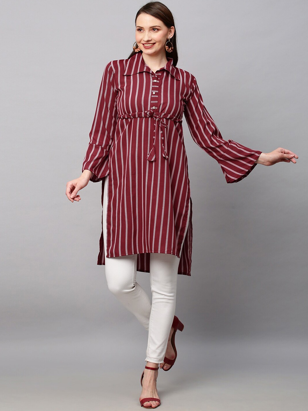 

TORONFRAS Women Maroon Striped Bell Sleeves Crepe Kurta