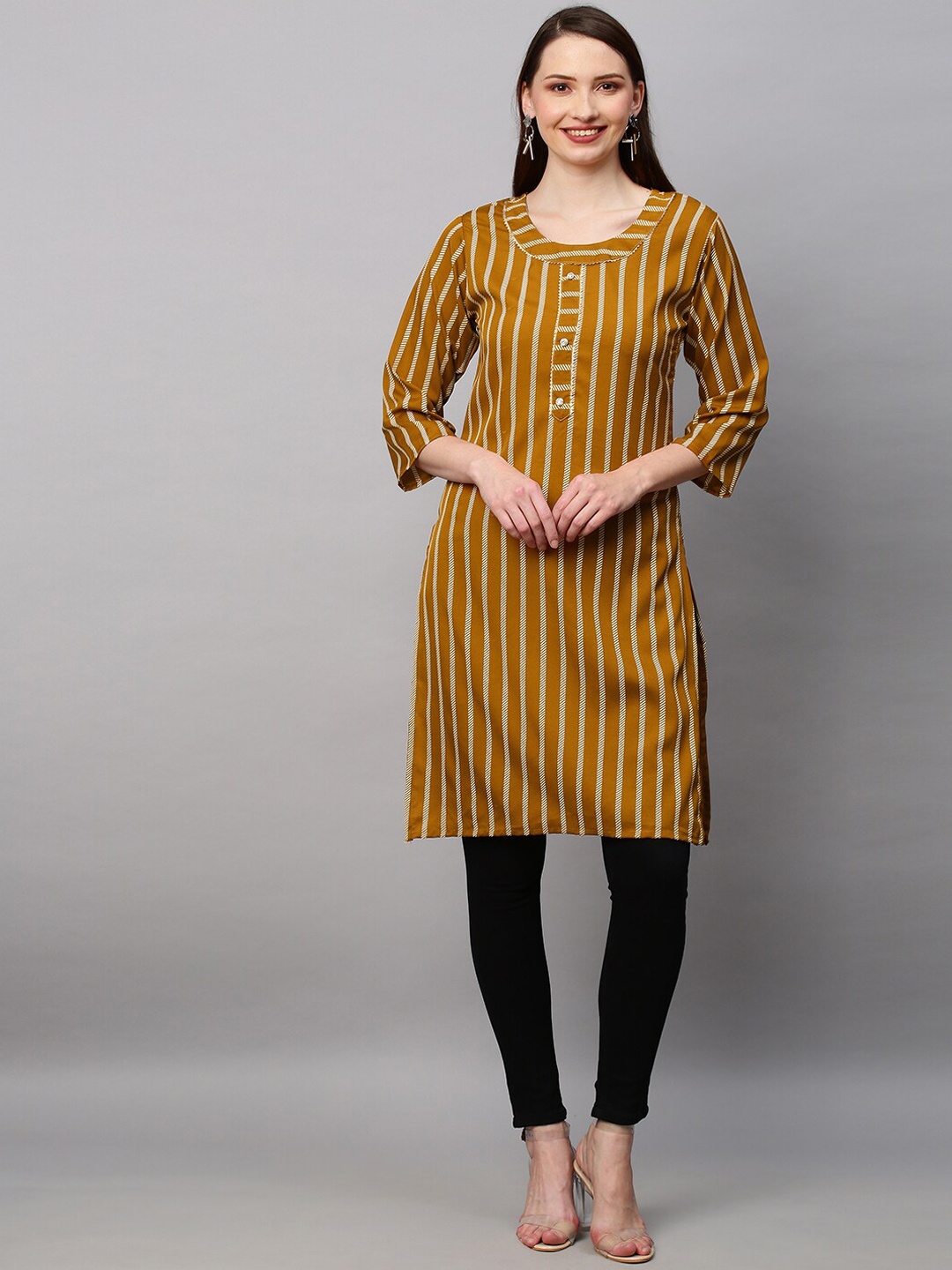 

TORONFRAS Women Yellow & Cream-Coloured Striped Crepe Kurta