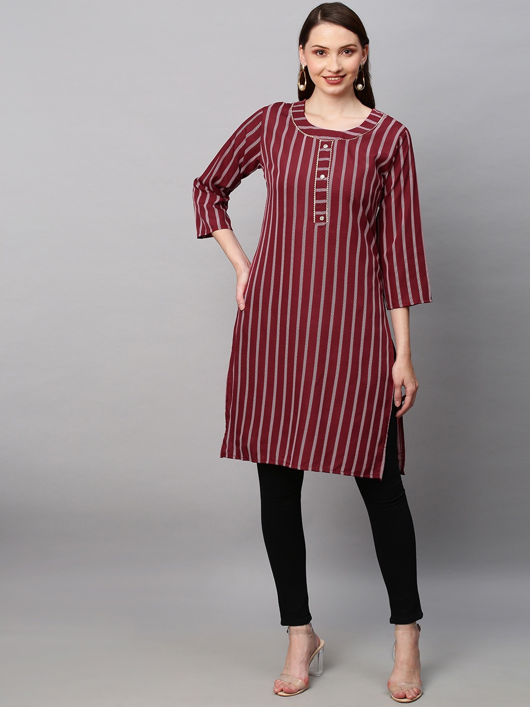 

TORONFRAS Women Maroon & White Striped Crepe Kurta