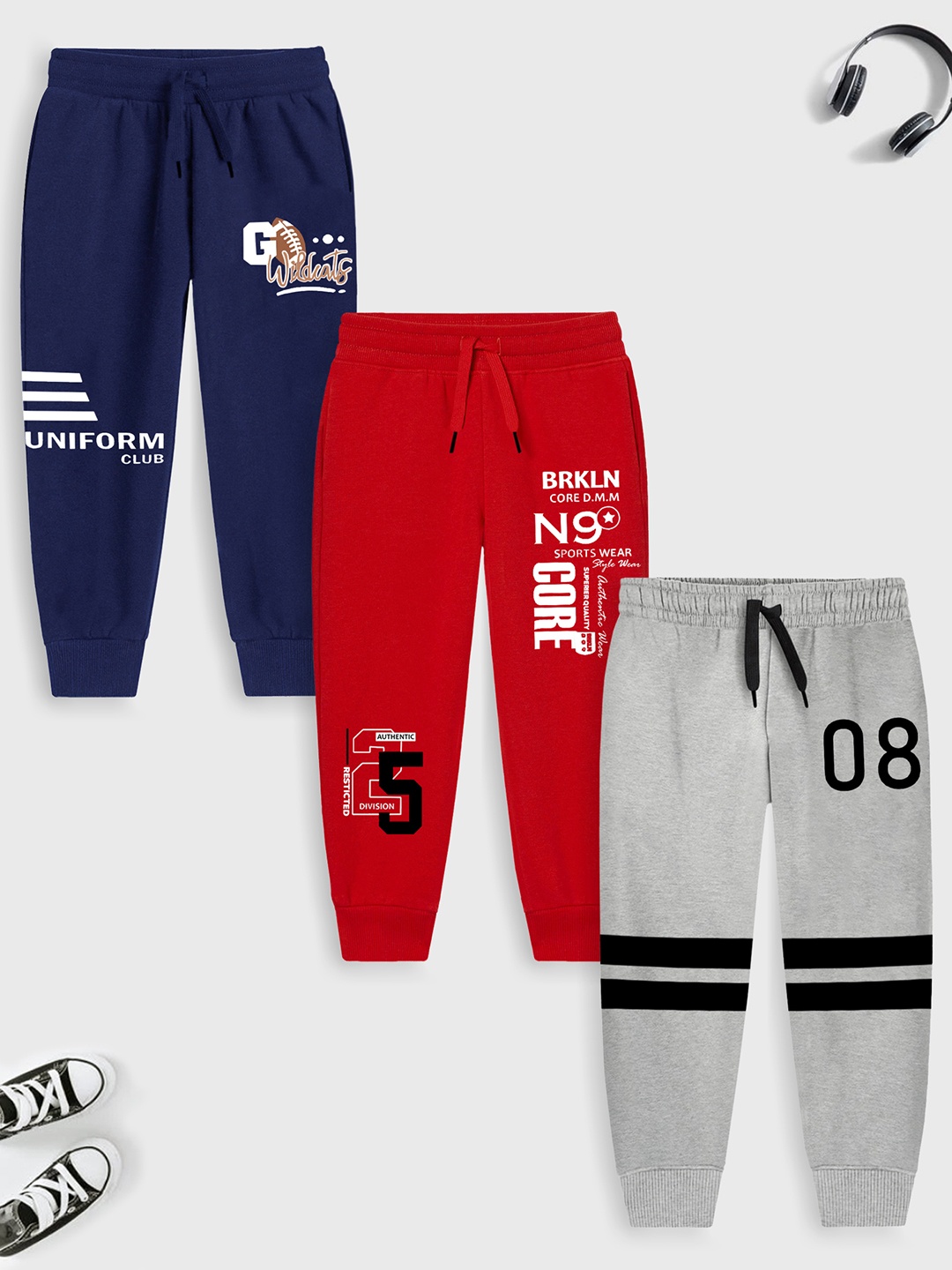 

Trampoline Boys Pack of 3 Printed Cotton Jogger Track Pants, Red
