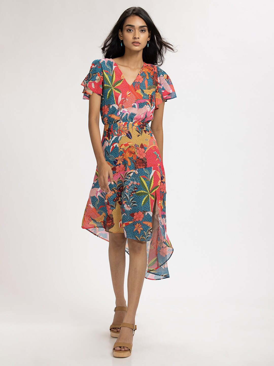 

SHAYE Women Blue & Orange Floral A-Line Dress