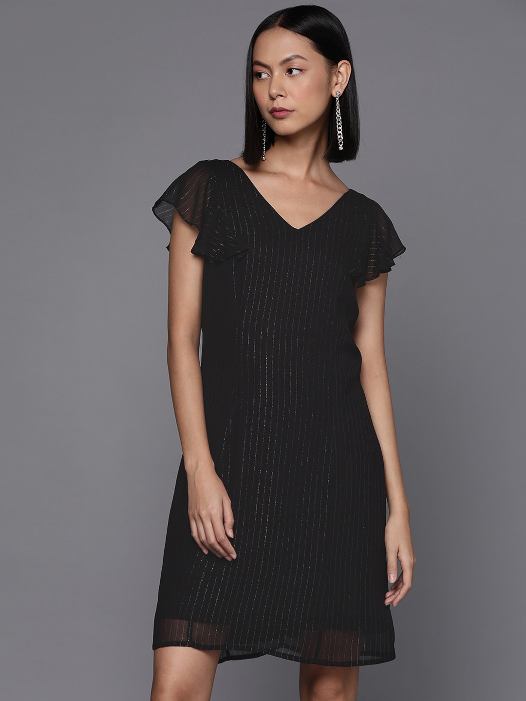 

SHAYE Black Striped V-Neck Flutter Sleeves Sheath Dress