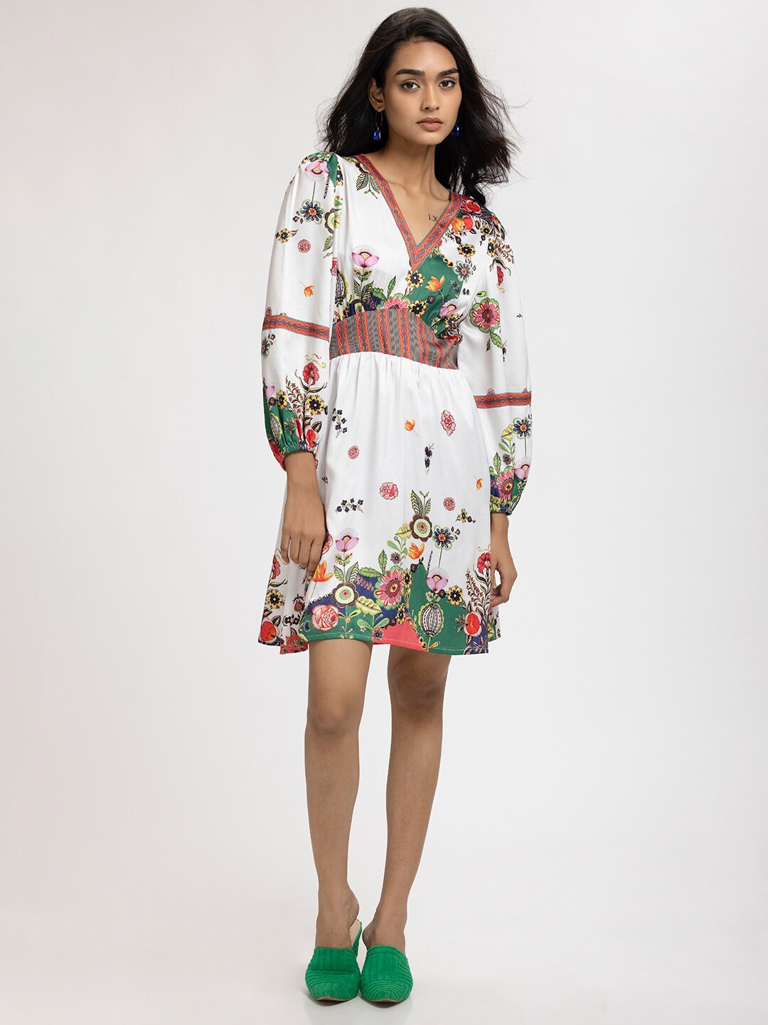 

SHAYE Women White And Green Floral Print V Neck Mini A Line Dress