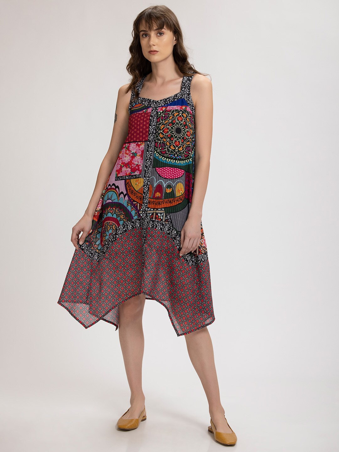 

SHAYE Women Multicolor Abstract Print Shoulder Strap Asymmetric A-Line Dress, Multi
