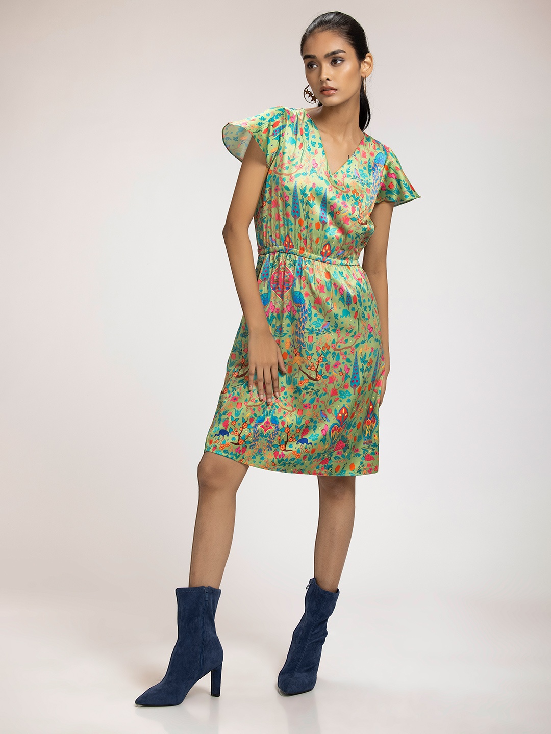

SHAYE Women Green Ethnic Motifs Print Flutter Sleeves A-Line Dress