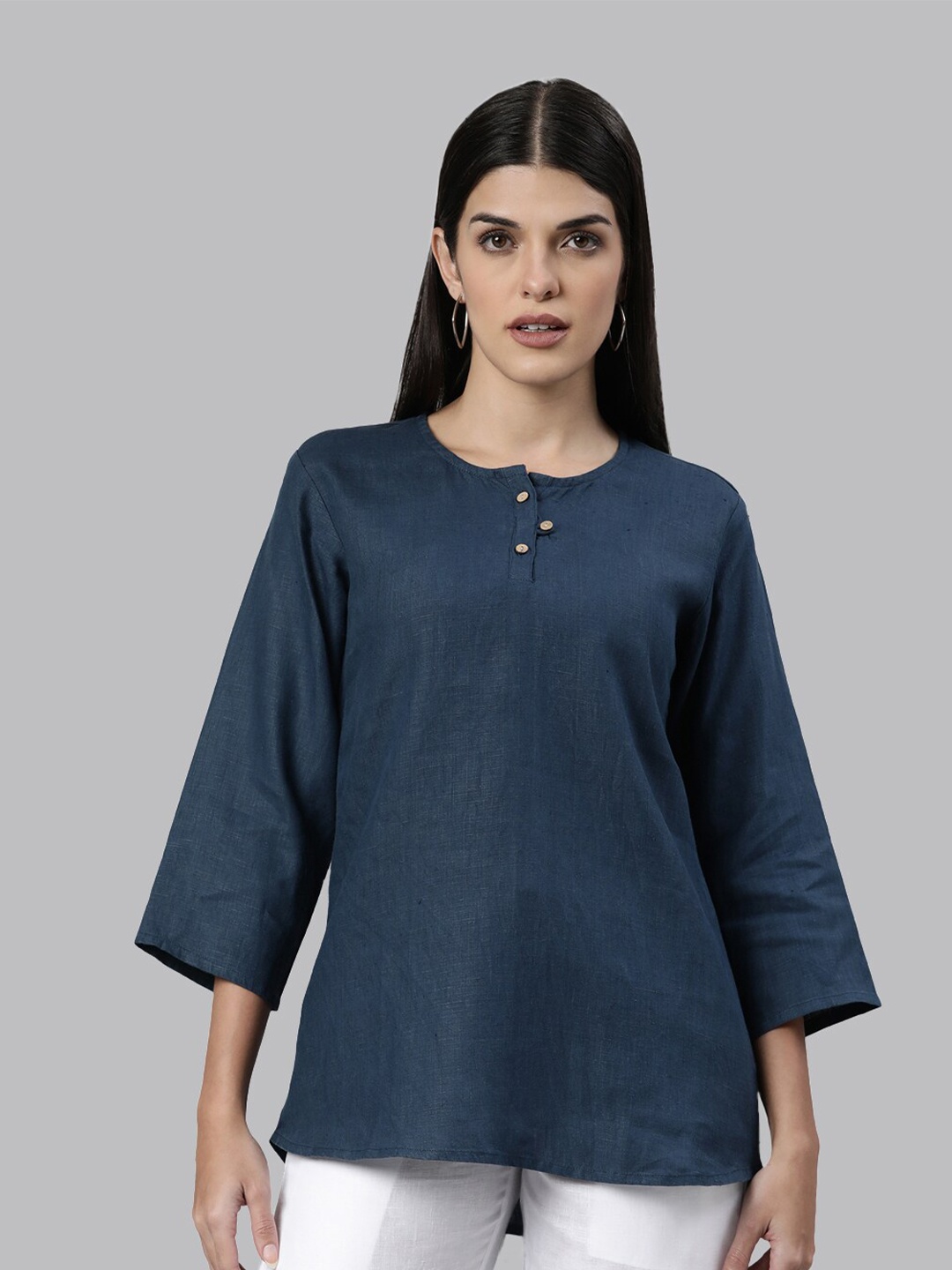 

Ecentric Women Navy Blue High-Low Hemp Casual Top