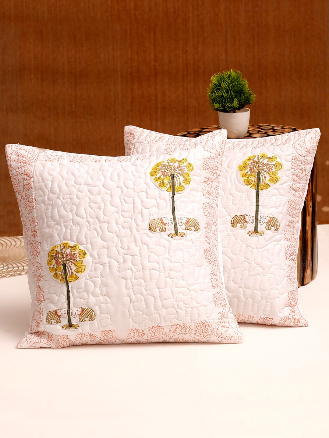 

Rajasthan Decor White & Peach-Coloured Set of 2 Floral Square Cushion Cotton Covers