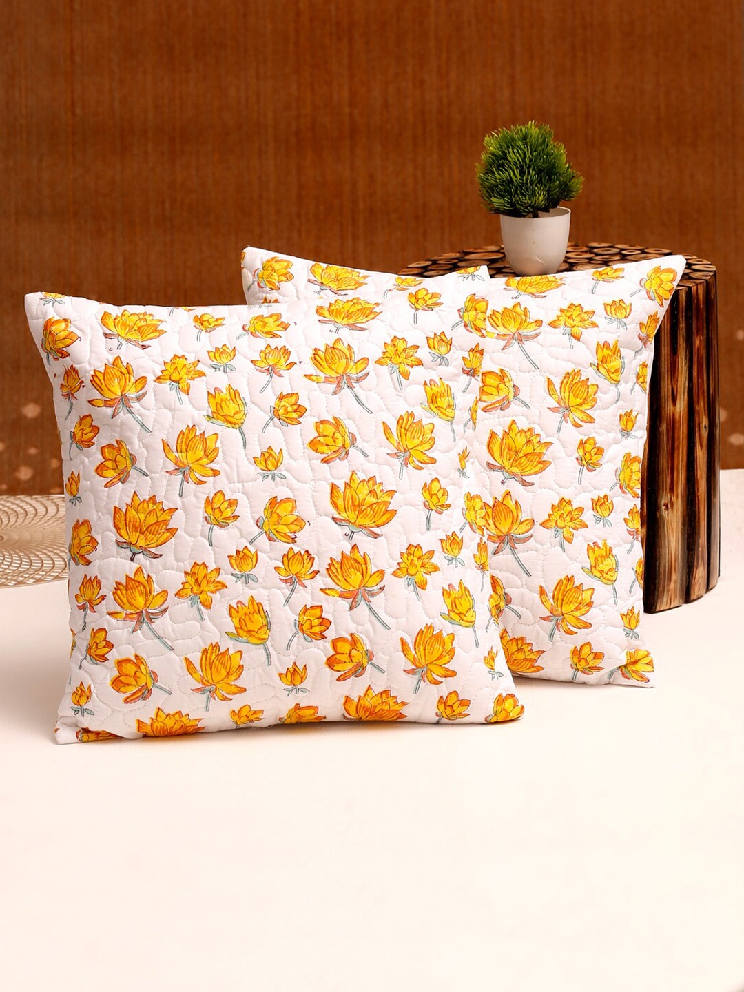 

Rajasthan Decor White & Yellow Set of 2 Floral Square Cushion Cotton Covers