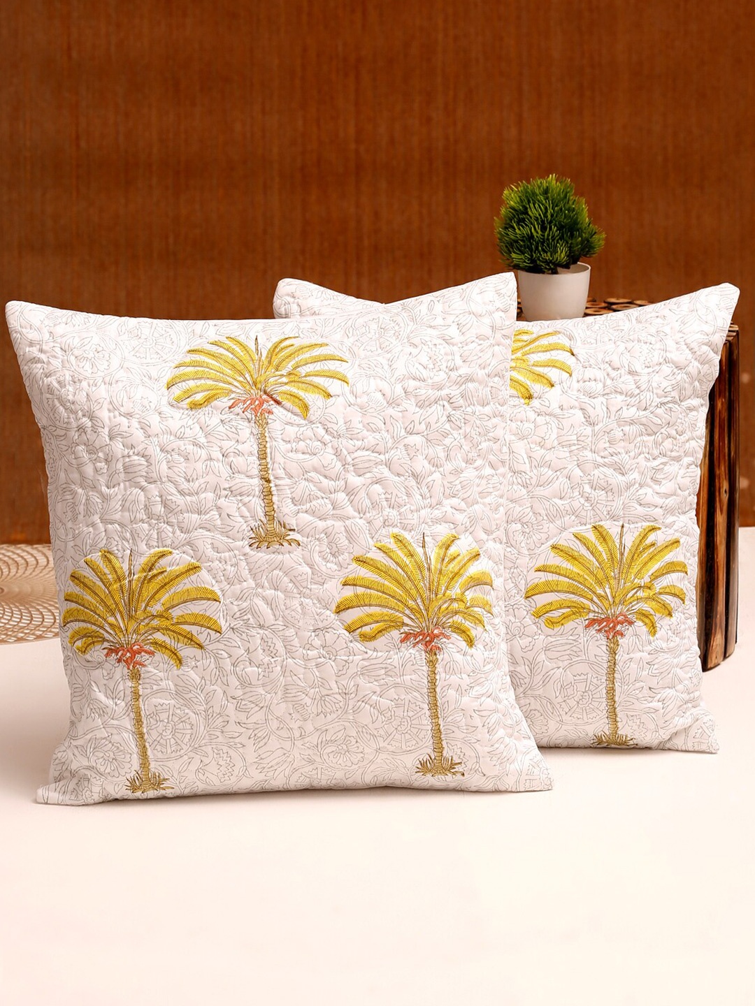 

Rajasthan Decor White & Mustard Set of 2 Floral Square Cushion Cotton Covers