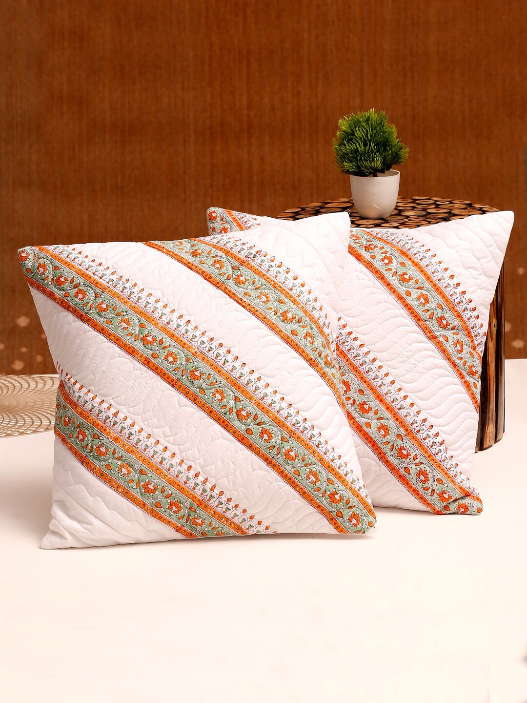 

Rajasthan Decor White & Orange Set of 2 Floral Square Cushion Cotton Covers