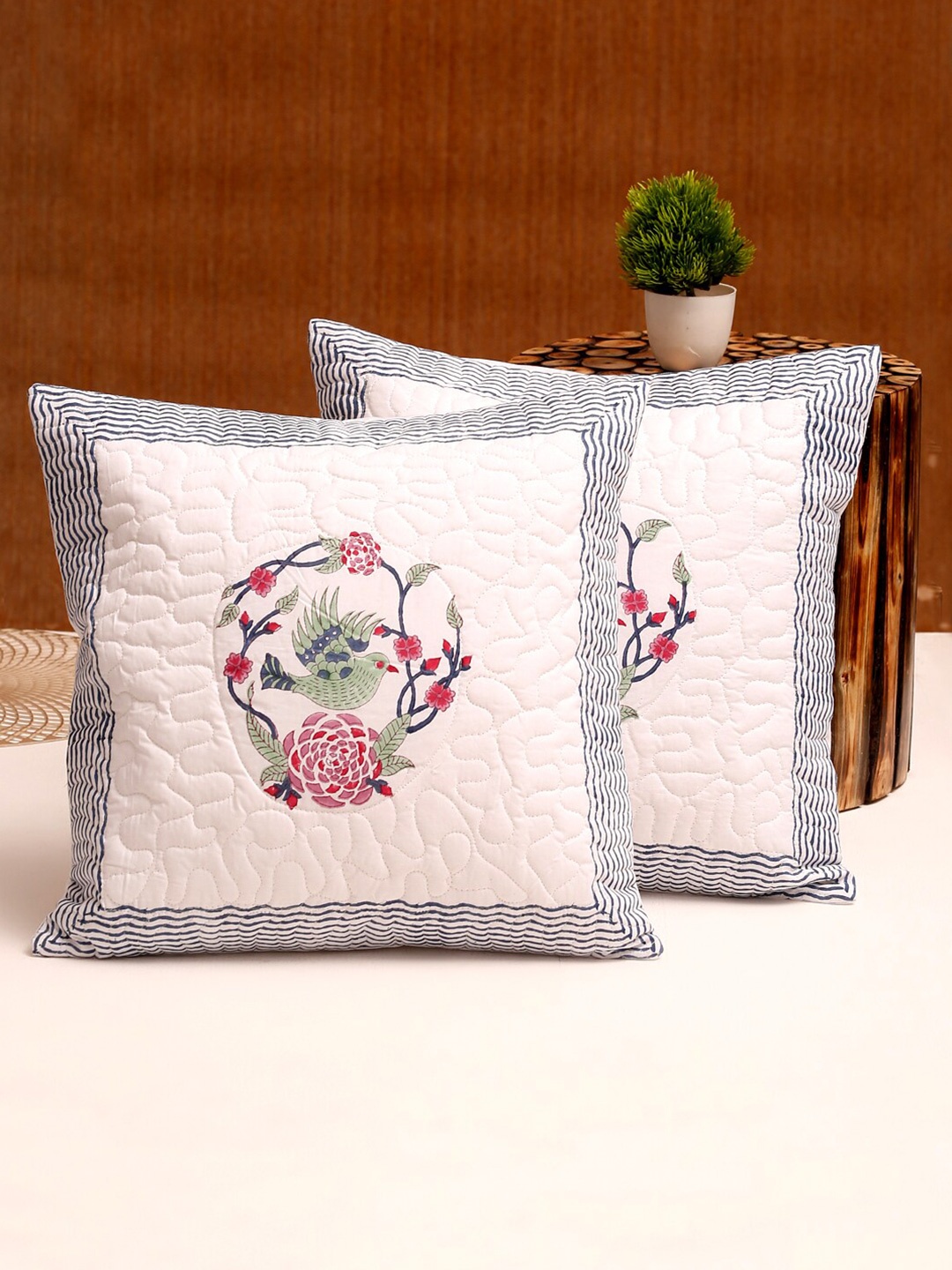 

Rajasthan Decor White & Pink Set of 2 Floral Square Cushion Cotton Covers