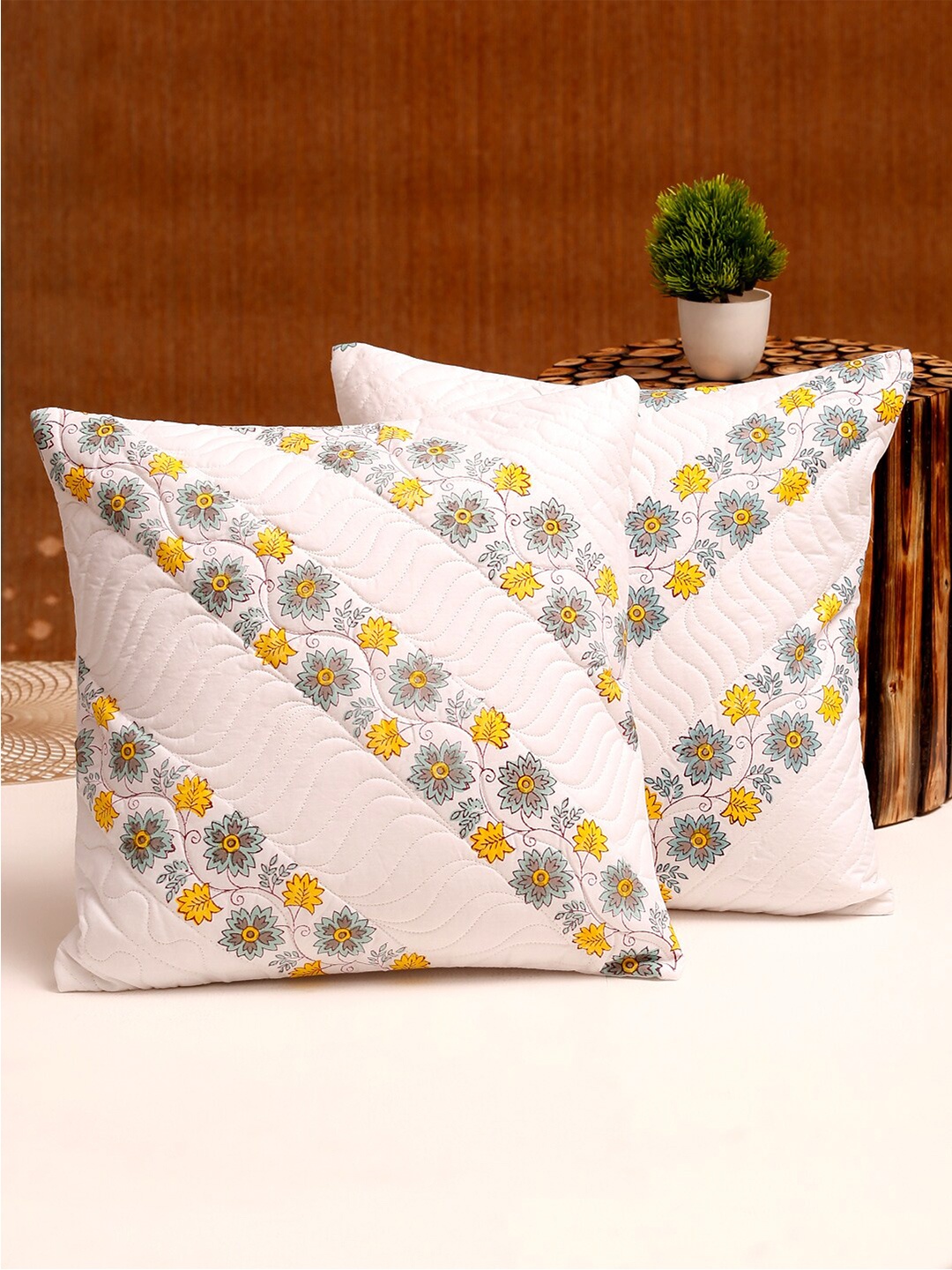 Rajasthan Decor White & Blue Set of 2 Floral Square Cushion Cotton Covers