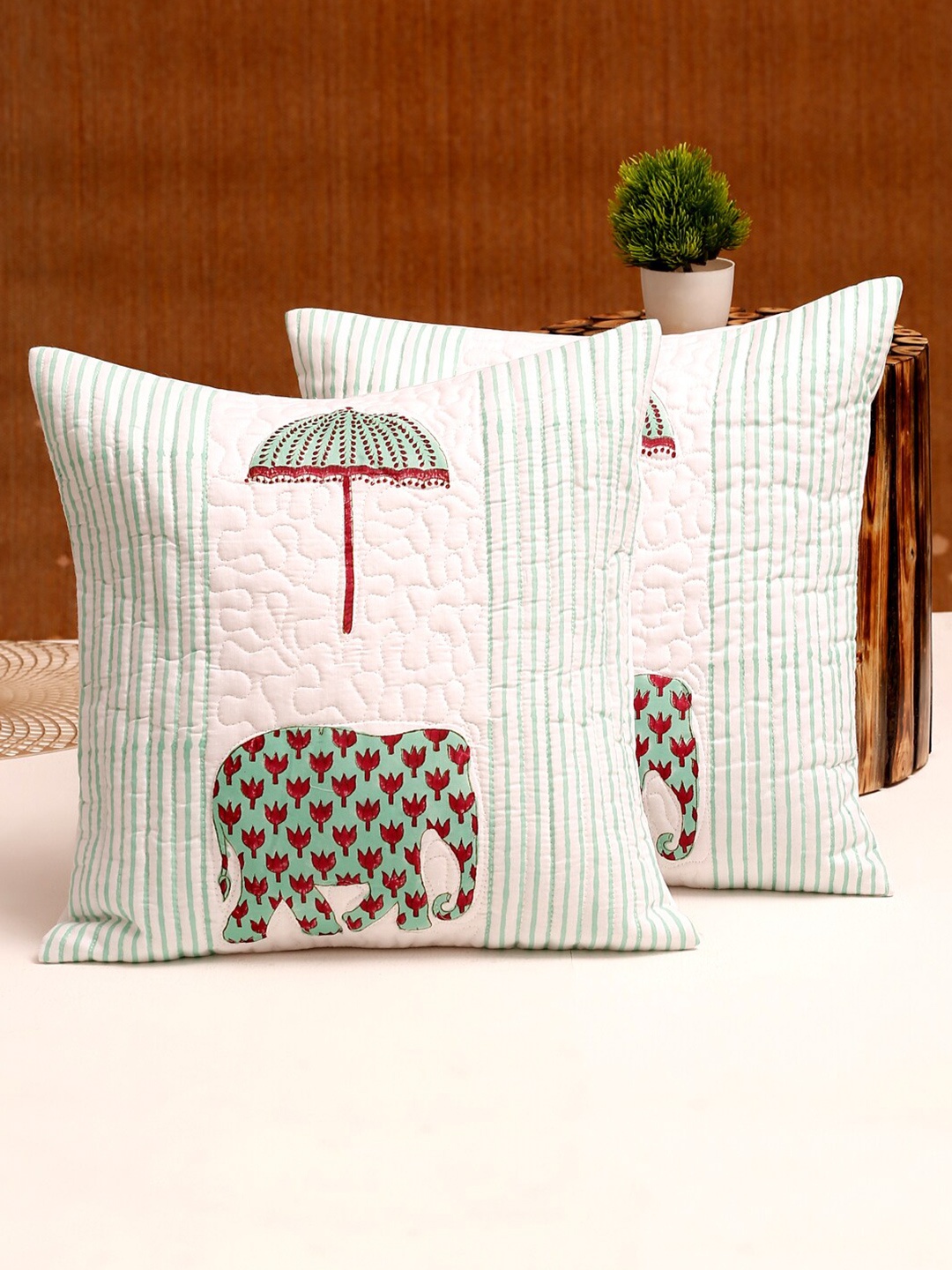 

Rajasthan Decor White & Blue Set of 2 Striped Square Cushion Cotton Covers