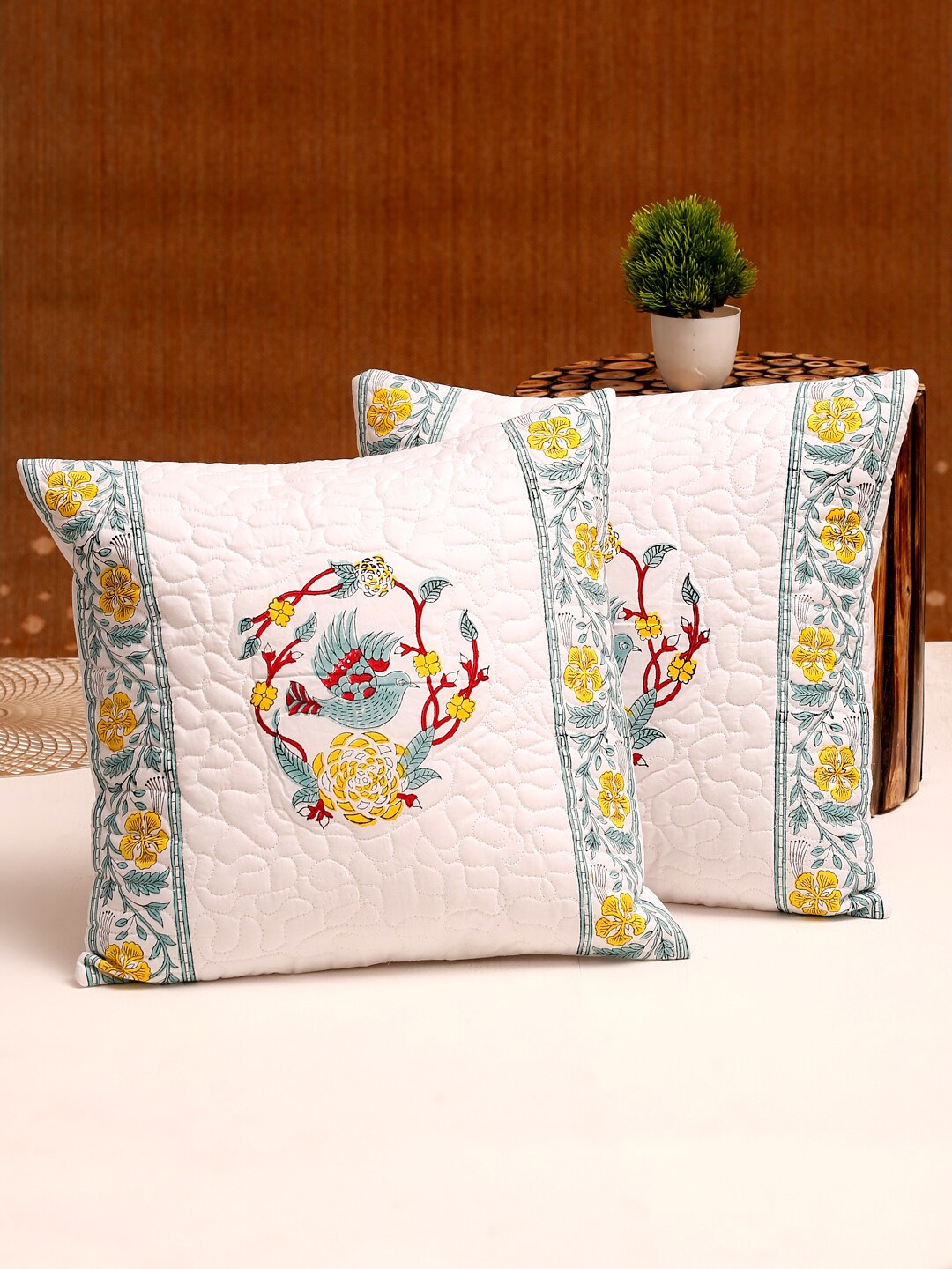 

Rajasthan Decor White & Green Set of 2 Floral Square Cushion Cotton Covers
