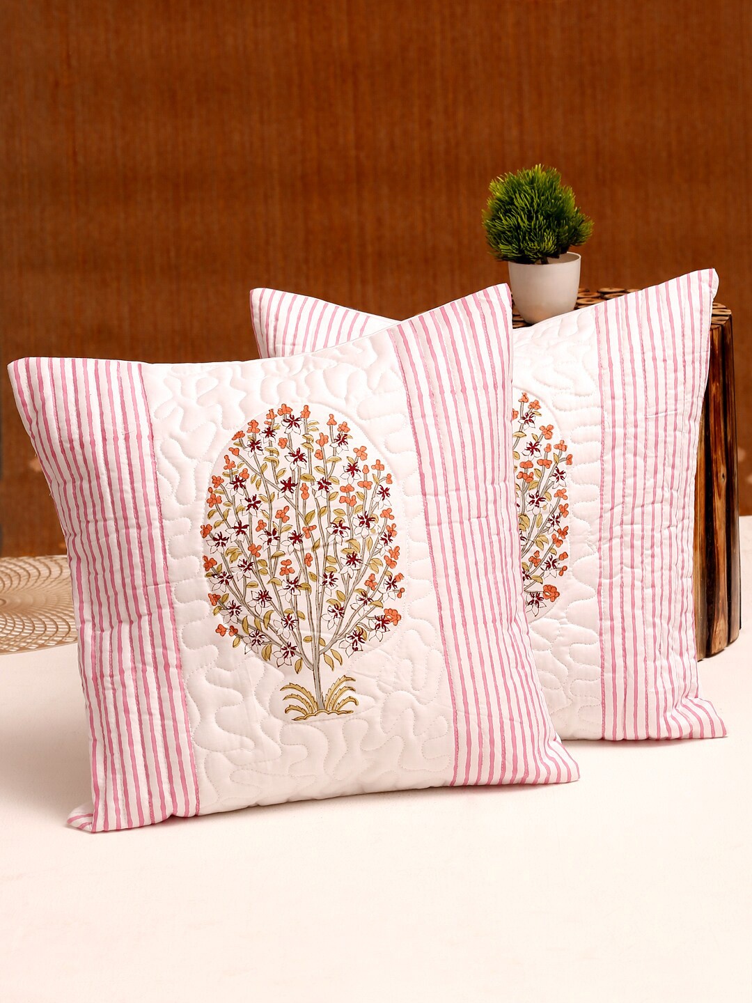 

Rajasthan Decor White & Pink Set of 2 Floral Square Cushion Cotton Covers