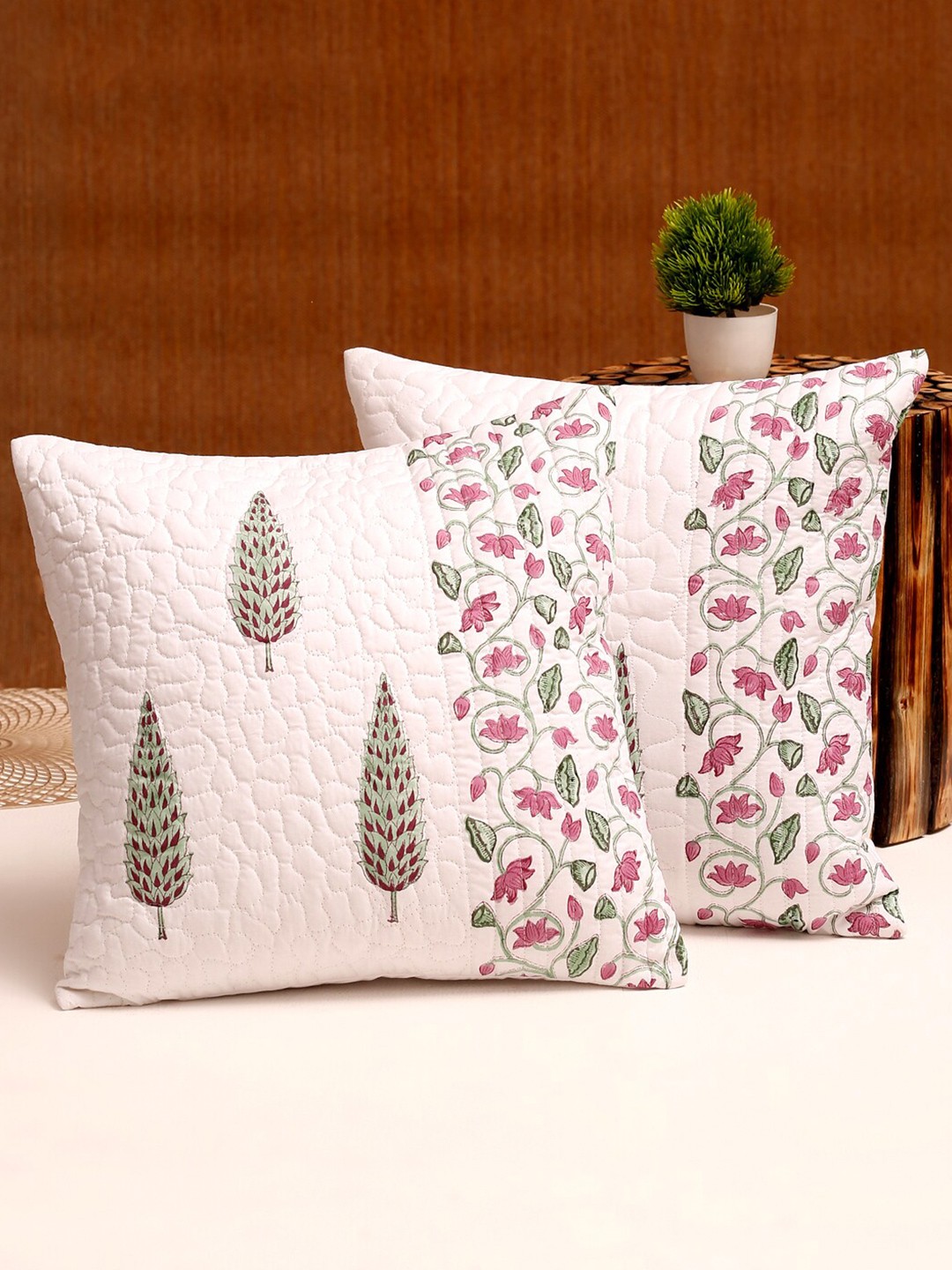 

Rajasthan Decor White & Green Set of 2 Floral Square Cushion Cotton Covers