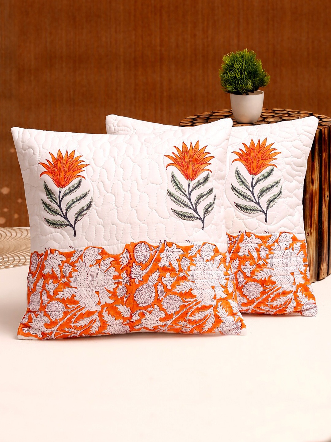 

Rajasthan Decor White & Orange Set of 2 Floral Square Cushion Cotton Covers