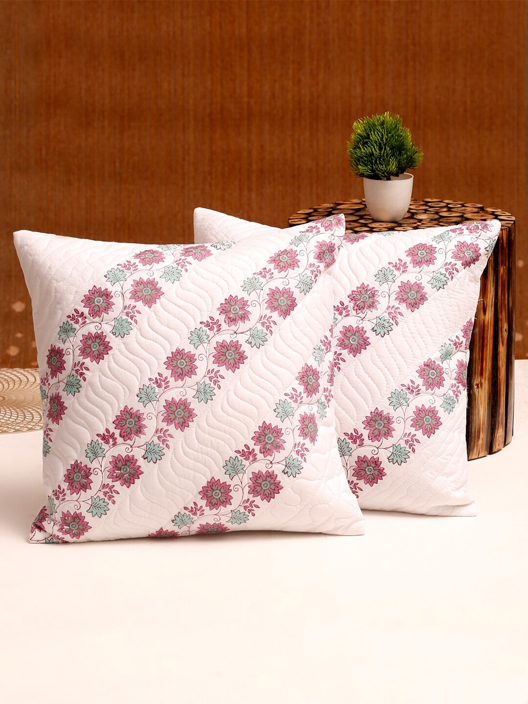 

Rajasthan Decor Set of 2 Floral Cotton Square Cushion Covers, White
