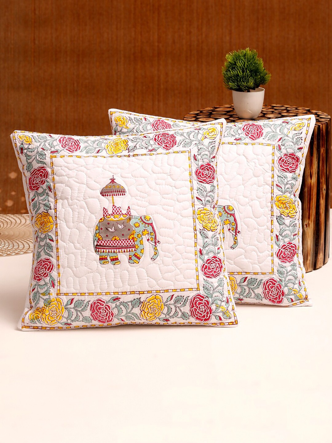 

Rajasthan Decor White & Red Set of 2 Floral Square Cushion Cotton Covers
