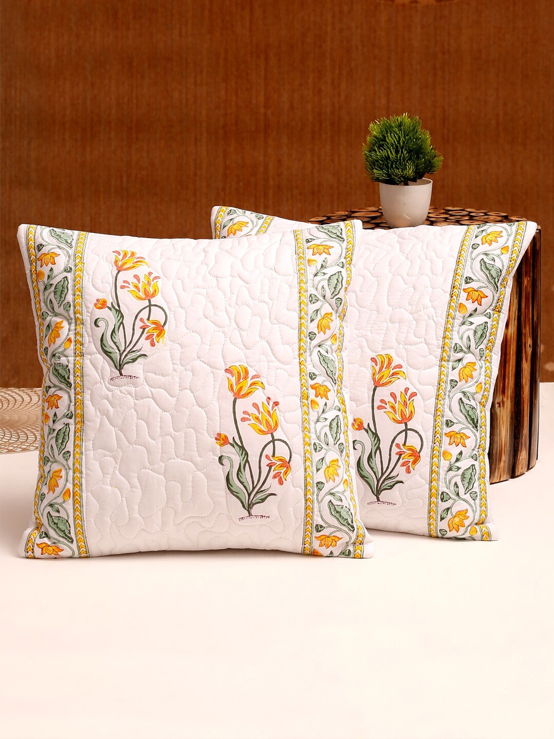 

Rajasthan Decor White & Yellow Set of 2 Floral Square Cushion Cotton Covers