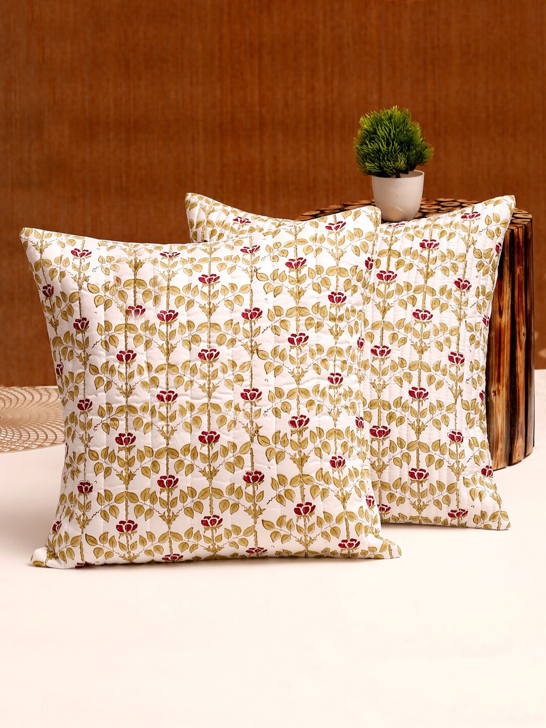 

Rajasthan Decor White & Red Set of 2 Floral Square Cushion Cotton Covers