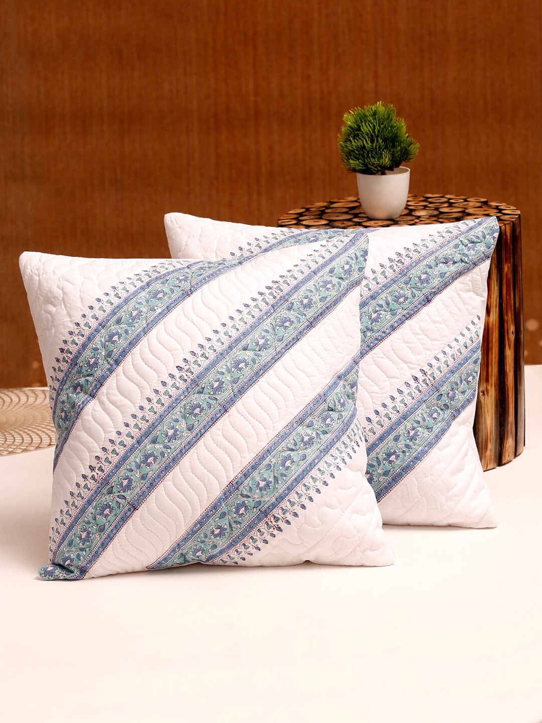 

Rajasthan Decor White & Blue Set of 2 Floral Square Cushion Cotton Covers