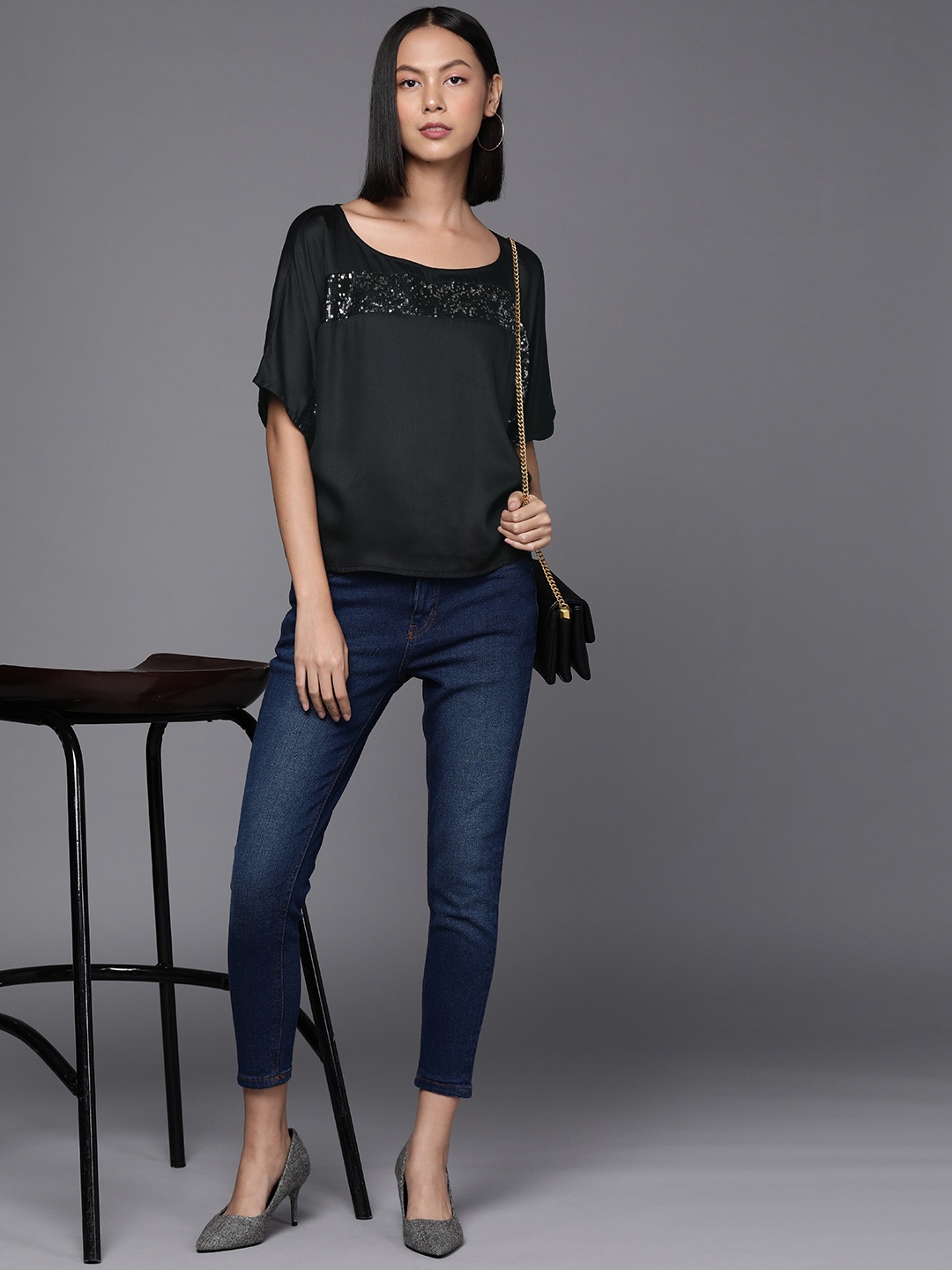 

SHAYE Women Black Sequin Detail Extended Sleeves Top