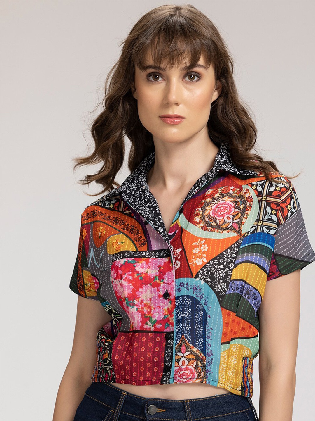 

SHAYE Multicoloured Floral Print Bohemian Shirt Style Crop Top, Multi