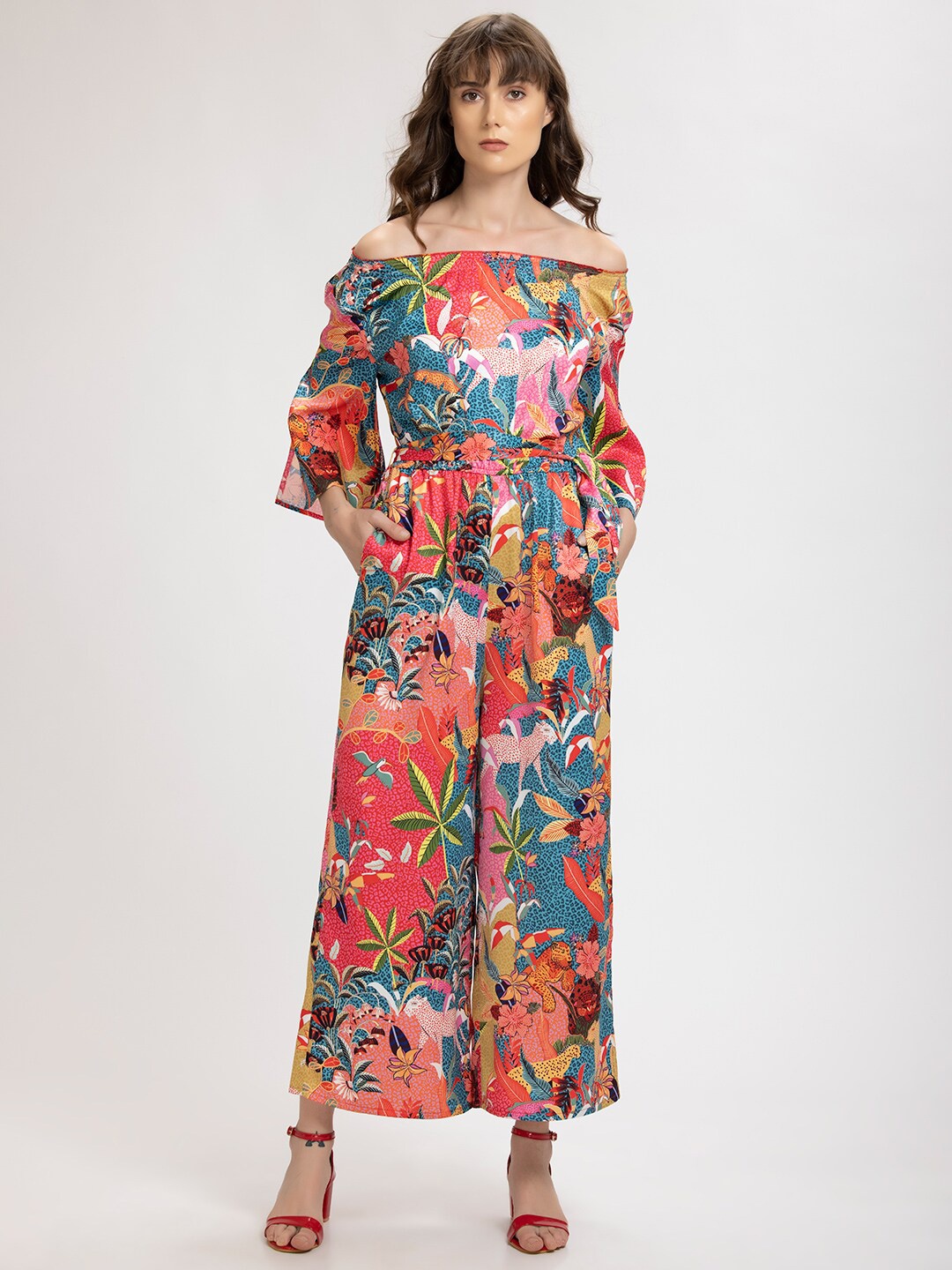 

SHAYE Fuchsia & Blue Off-Shoulder Printed Culotte Jumpsuit