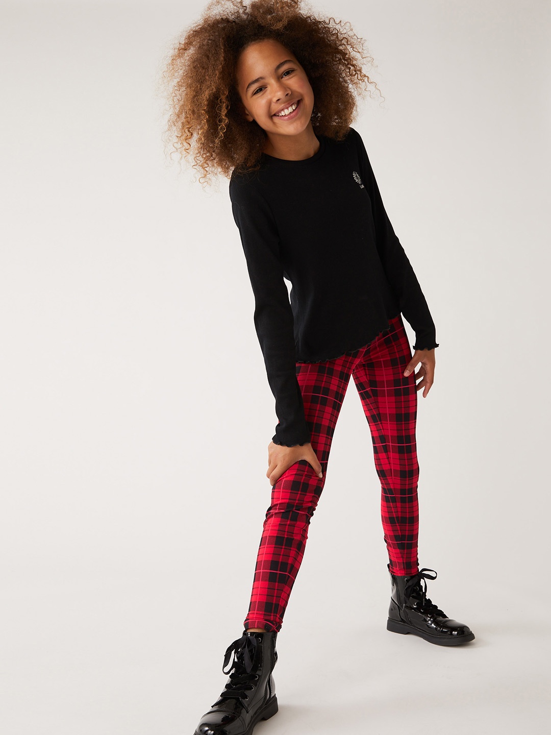 

Marks & Spencer Girls Printed Checked Leggings, Red