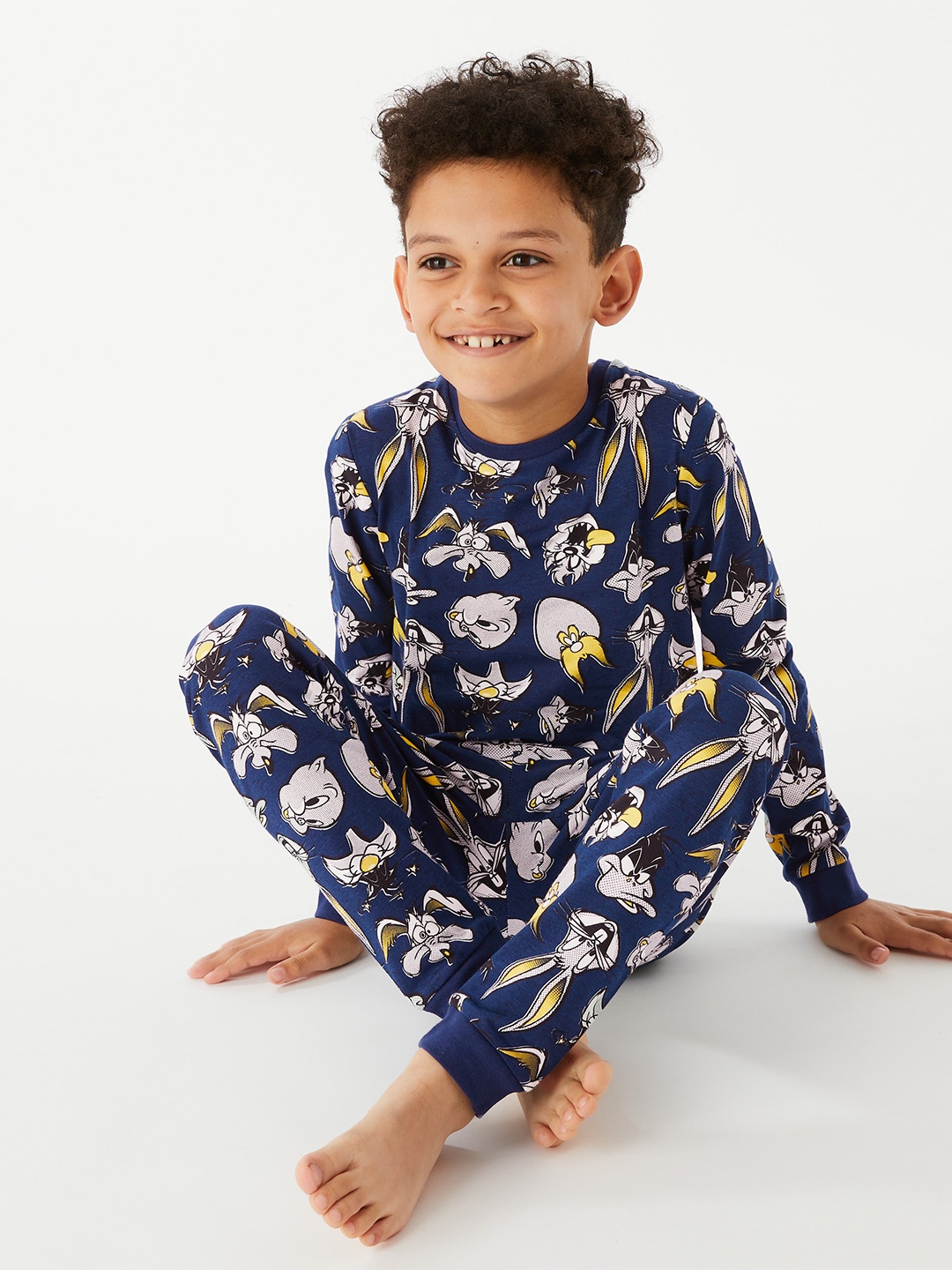 

Marks & Spencer Boys Navy Blue & Green Printed Night suit