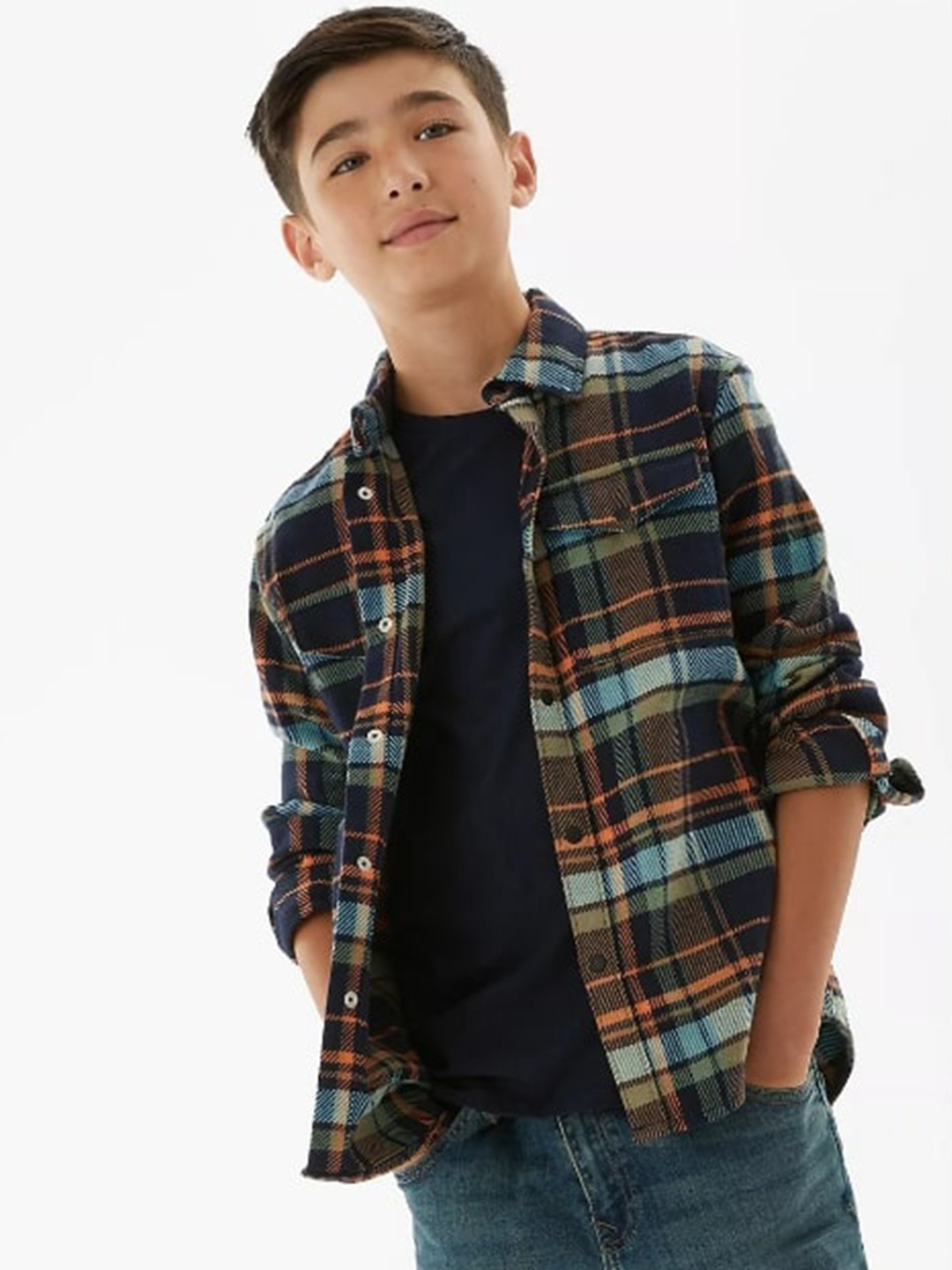 

Marks & Spencer Boys Navy Blue Tartan Checked Pure Cotton Twill Casual Shirt