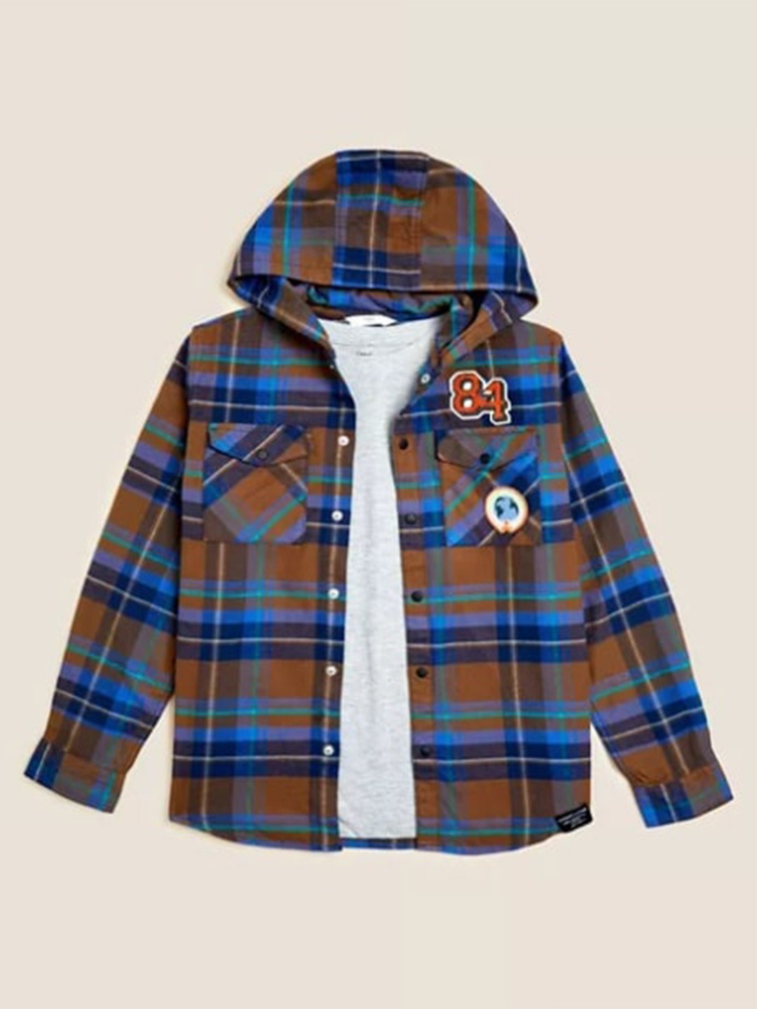 

Marks & Spencer Boys Brown & Blue Pure Cotton Checked Hooded Casual Shirt