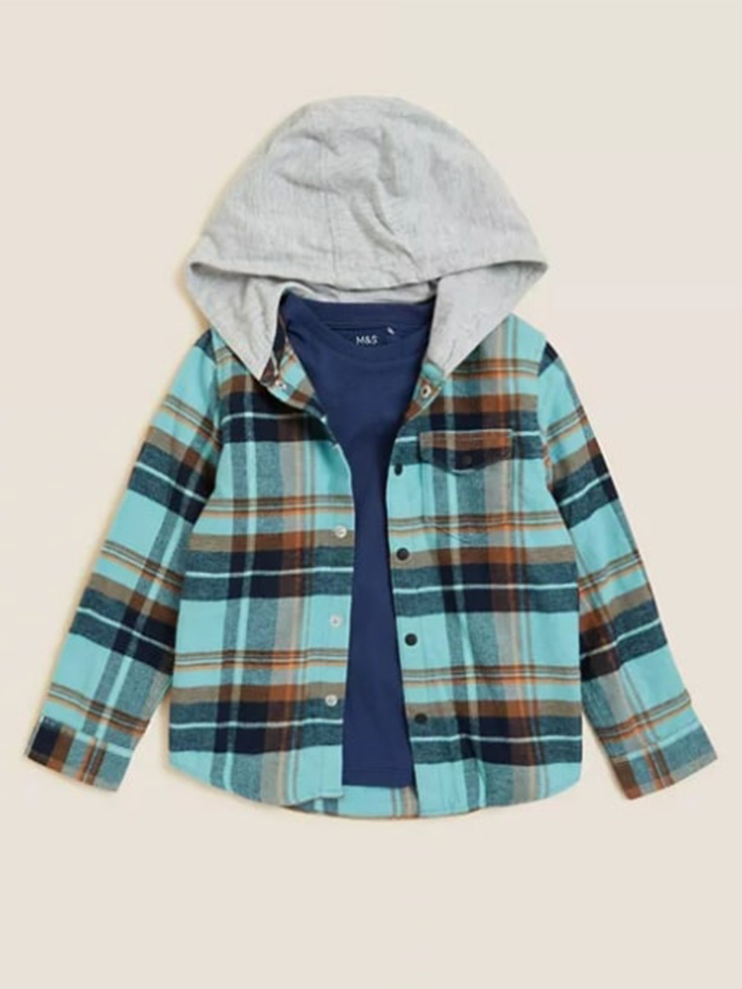 

Marks & Spencer Boys Blue Checked Pure Cotton Hooded Casual Shirt