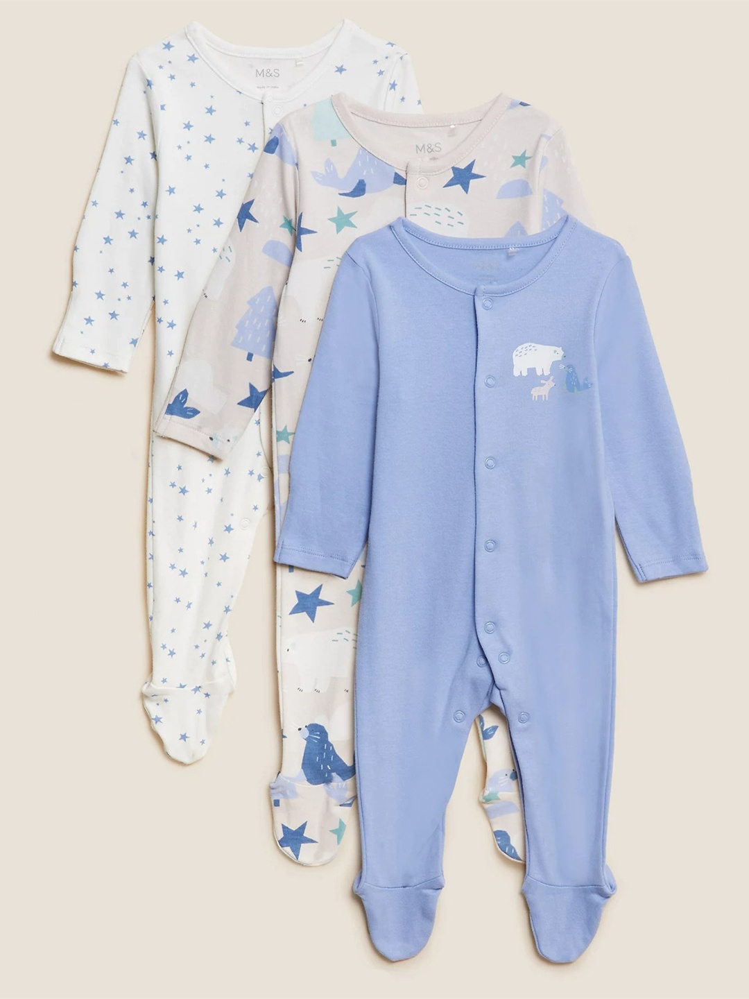 

Marks & Spencer Kids Set Of 3 Solid Rompers, Blue