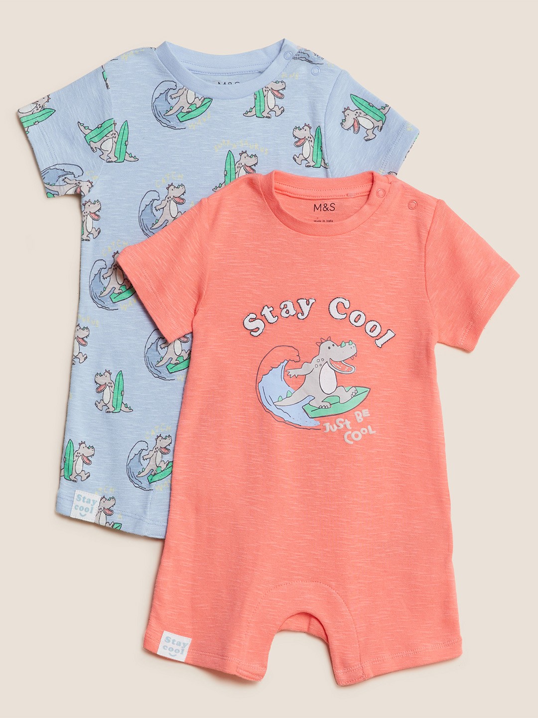 

Marks & Spencer Unisex Kids Pack of 2 Printed Rompers, Coral