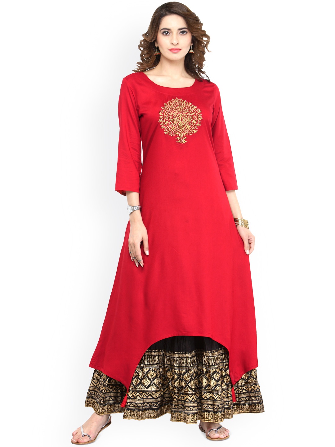 

Varanga Red Viscose Gold Zari Embroidery Kurta