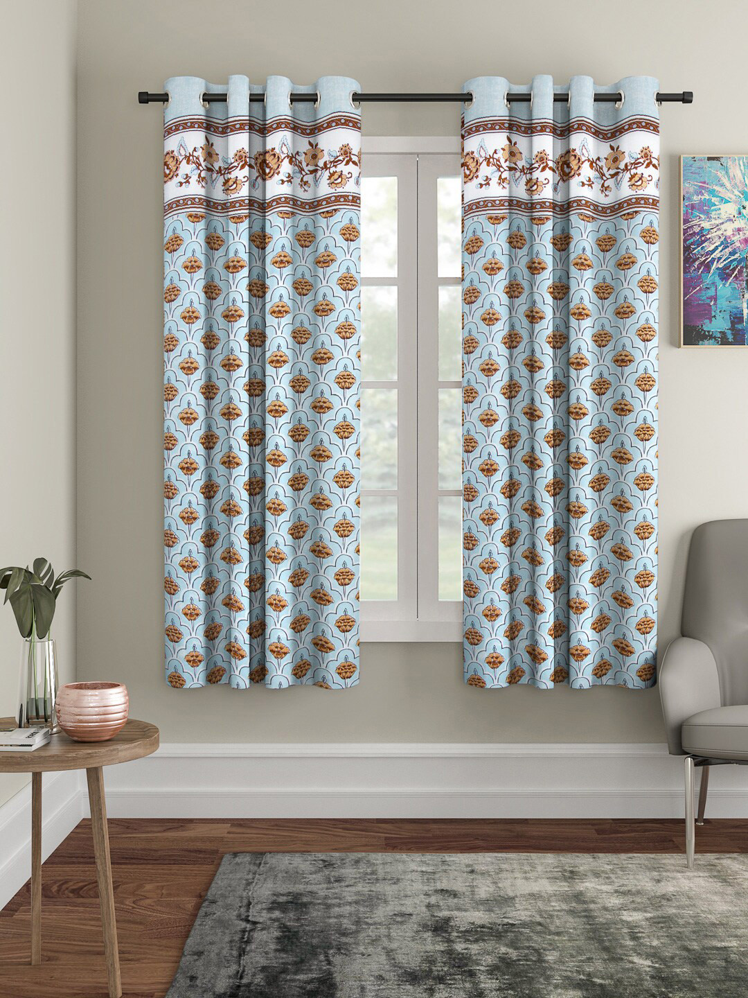

Rajasthan Decor Set of 2 Floral Window Curtains, Blue