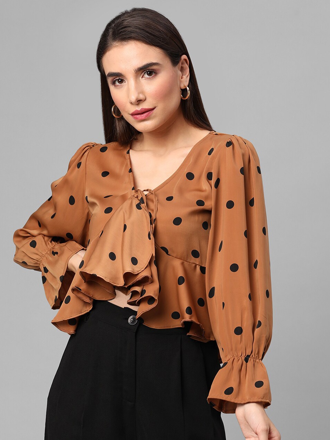 

JUNE & HARRY Women Taupe Print Ruffles Satin Top