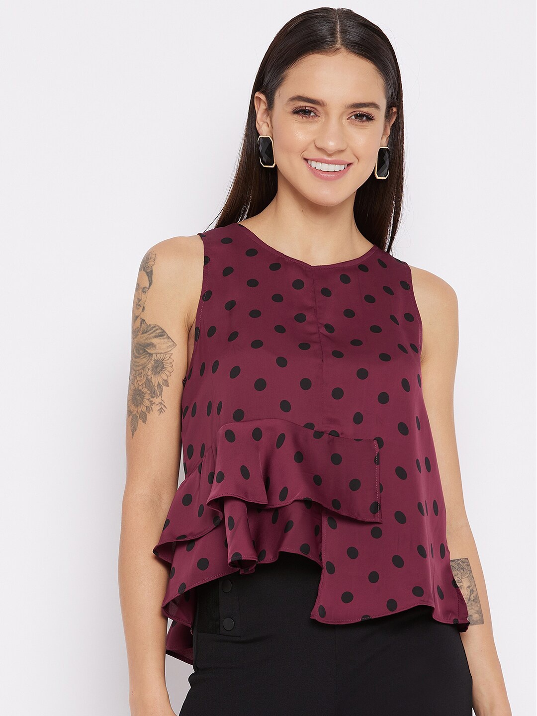 

JUNE & HARRY Women Maroon Print Ruffles Satin Tiered Top