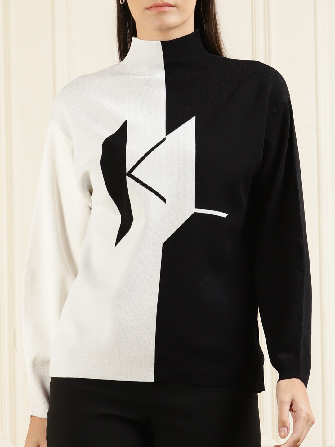 

Karl Lagerfeld Women White & Black Colourblocked Pullover