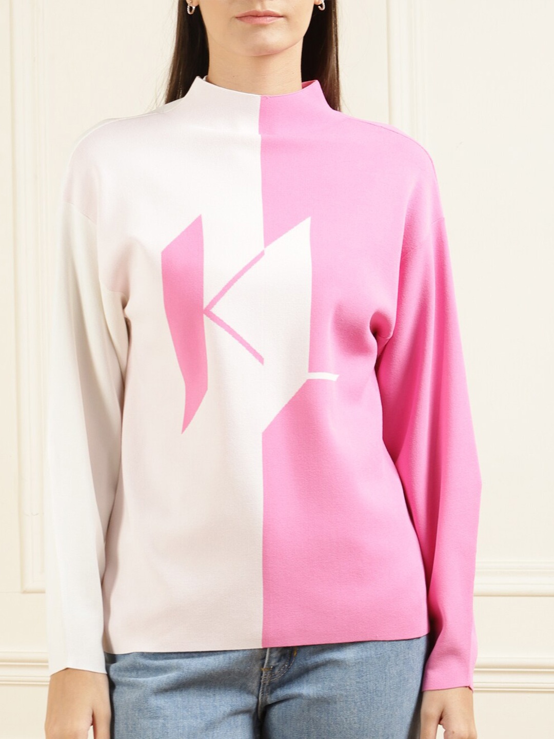 

Karl Lagerfeld Women White & Pink Colourblocked Pullover