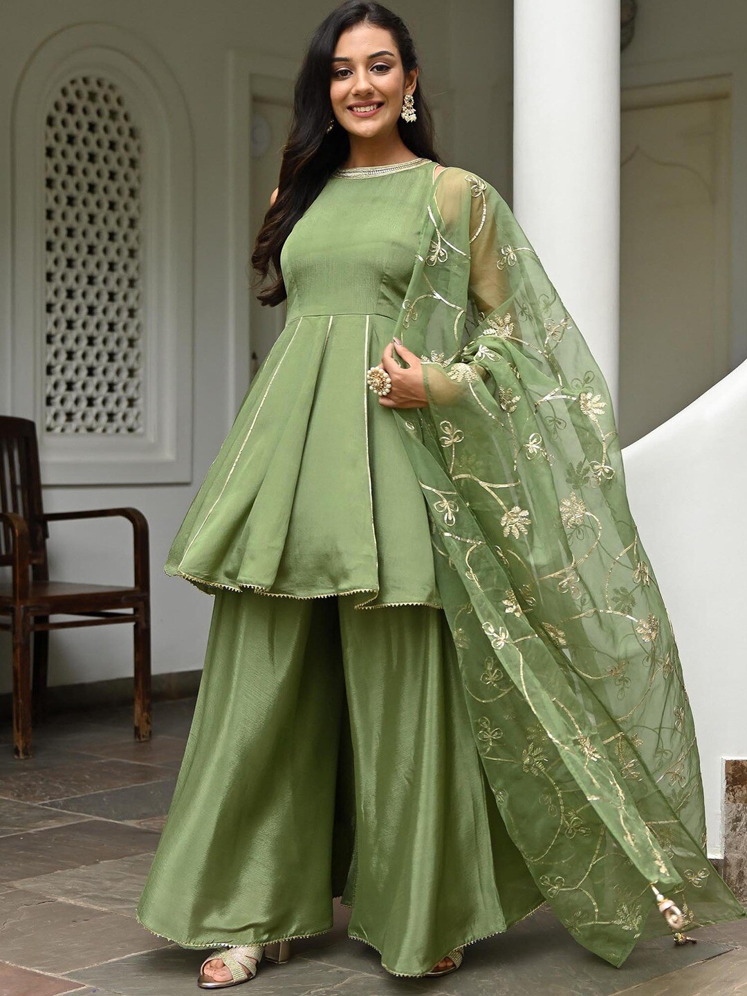 

Lavanya The Label Women Pleated Kurti with Palazzos & With Dupatta, Olive