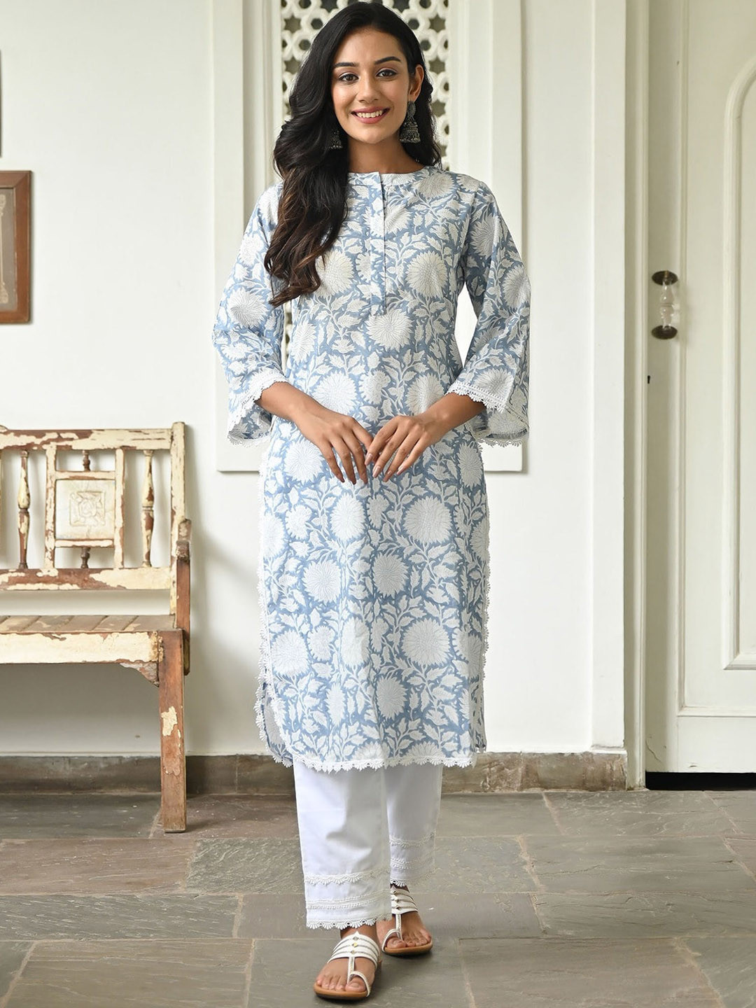 

Lavanya The Label Women Blue Ethnic Motifs Printed Pure Cotton Kurta with Palazzos