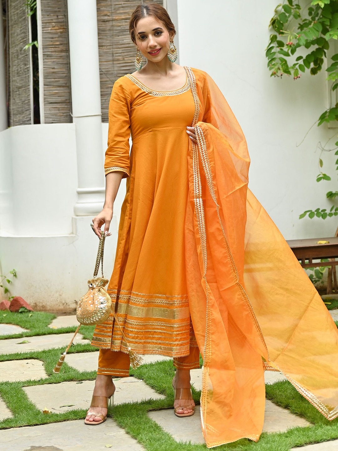 

Lavanya The Label Women Orange Ethnic Motifs Embroidered Panelled Pure Cotton Kurti with Salwar & With