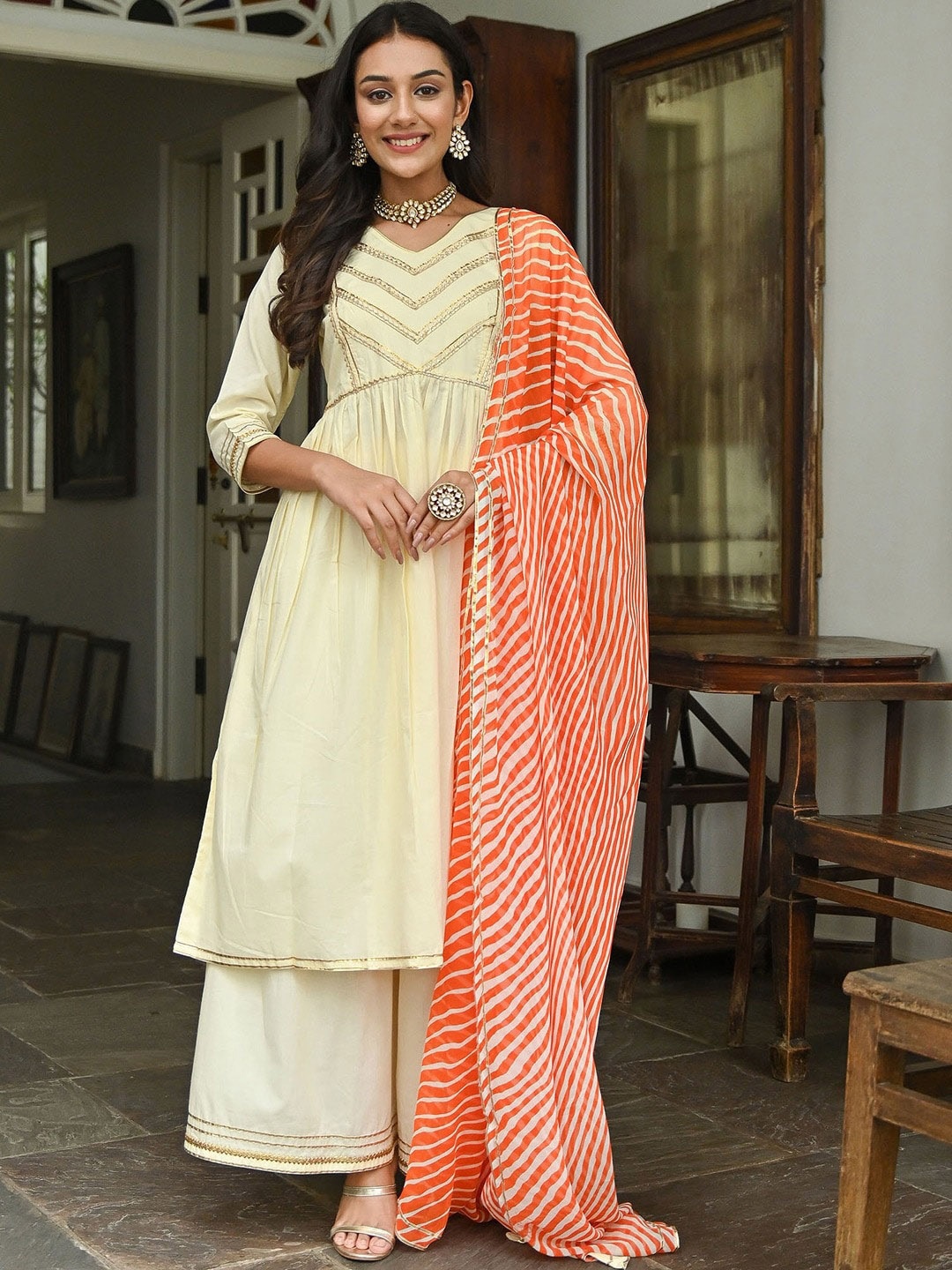 

Lavanya The Label Women Cream-Coloured Striped Pure Cotton Kurta with Palazzos & With Dupatta
