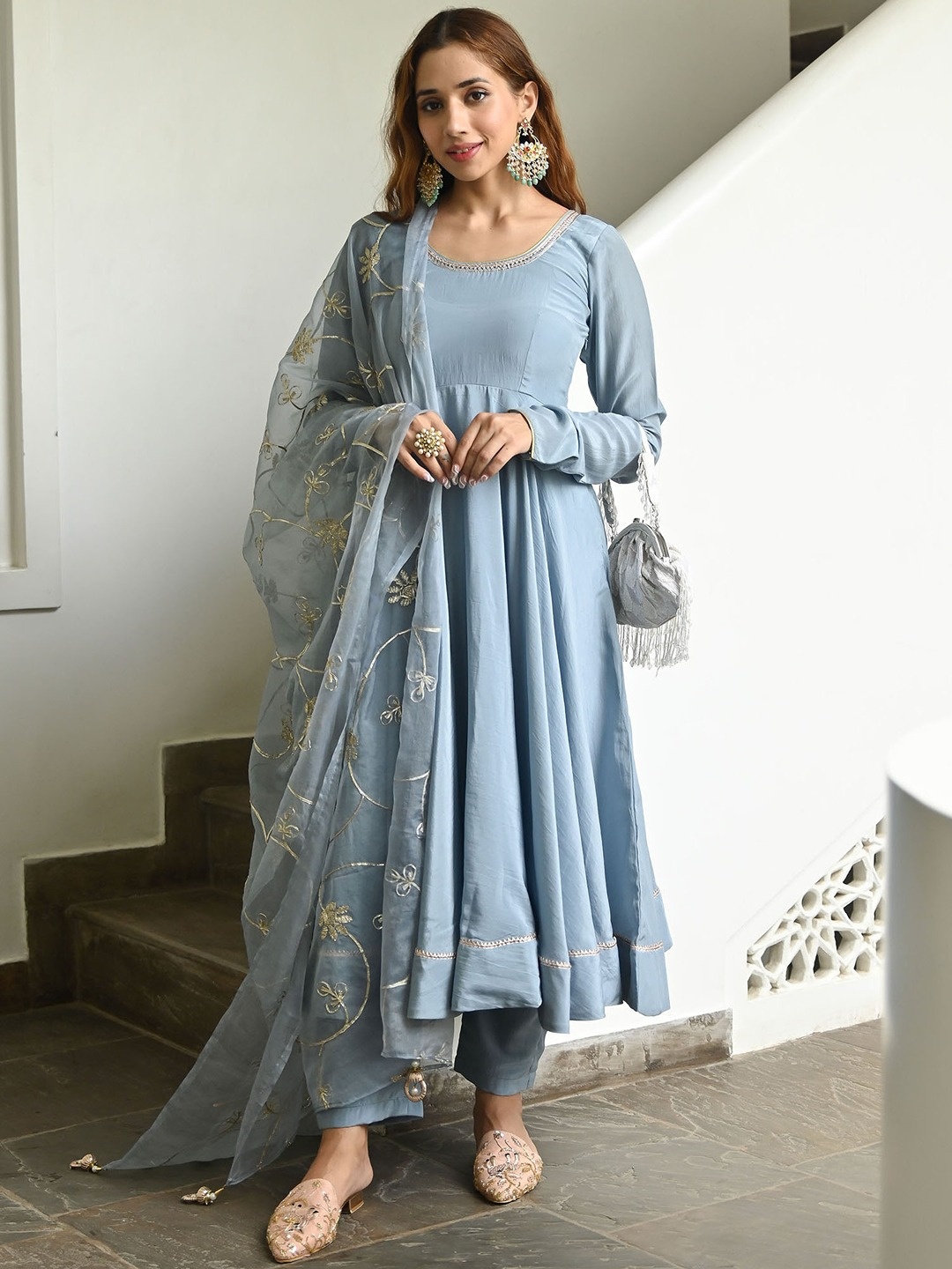 

Lavanya The Label Women Solid Anarkali Kurta with Trousers & With Embroidered Dupatta, Blue