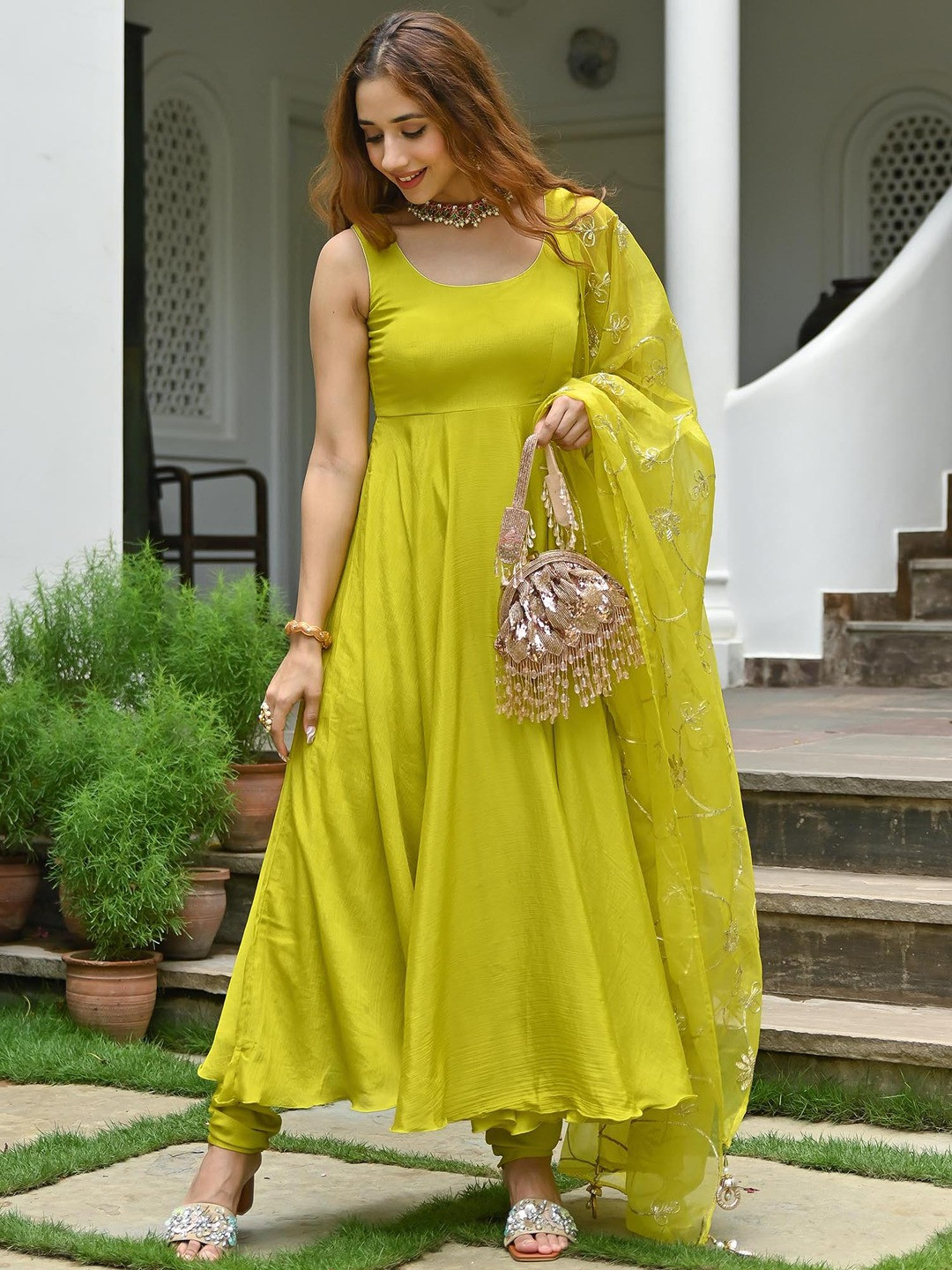 

Lavanya The Label Women Anarkali Kurta with Trousers & Dupatta Set, Lime green