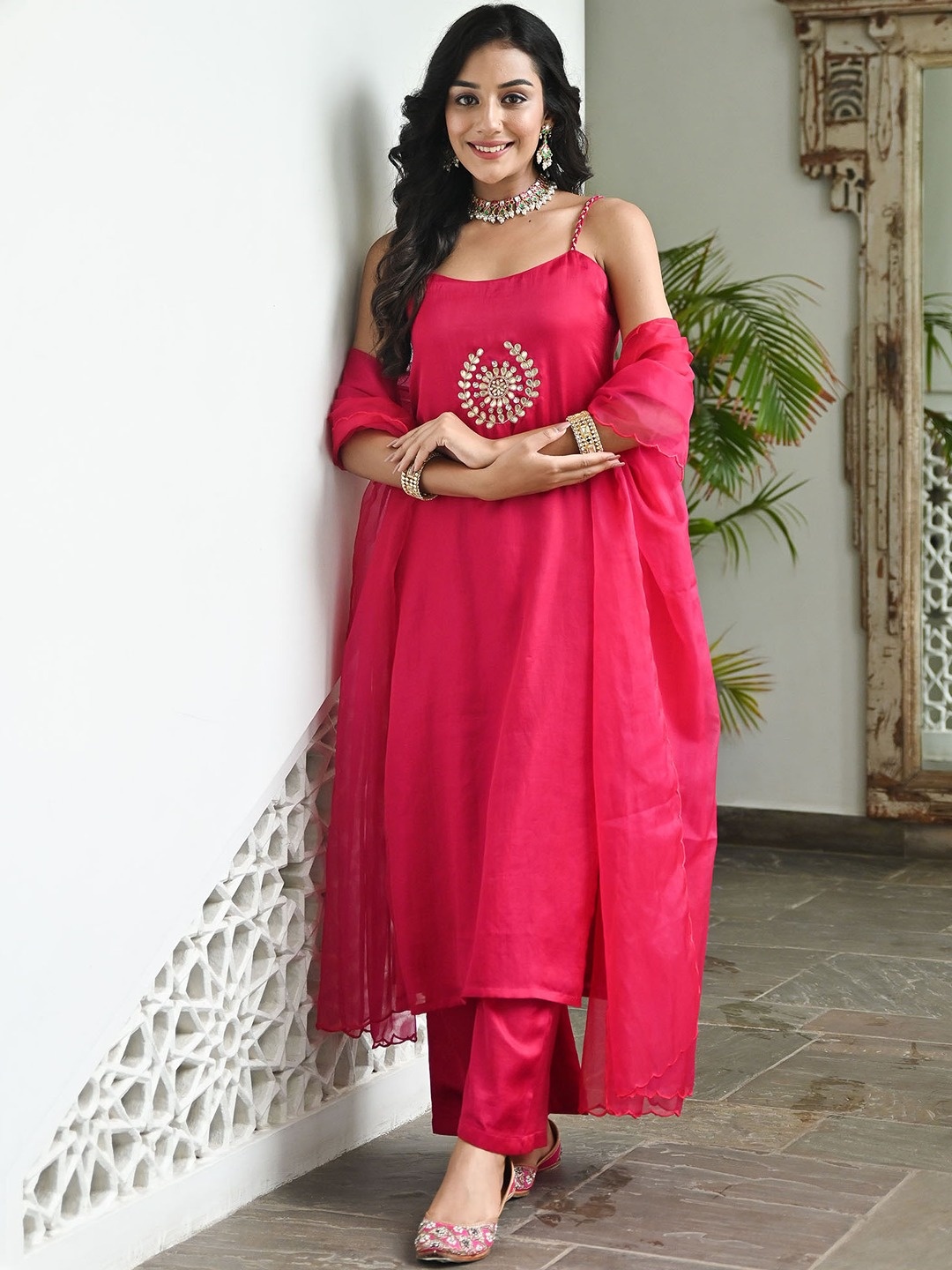 

Lavanya The Label Women Embroidered Straight Kurta with Palazzos & With Dupatta, Pink