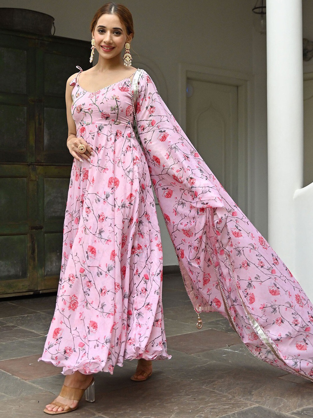 

Lavanya The Label Women Pink Floral Embroidered Kurti with Trousers & With Dupatta